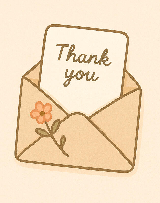 Thank you note in an envelope with a flower on it.